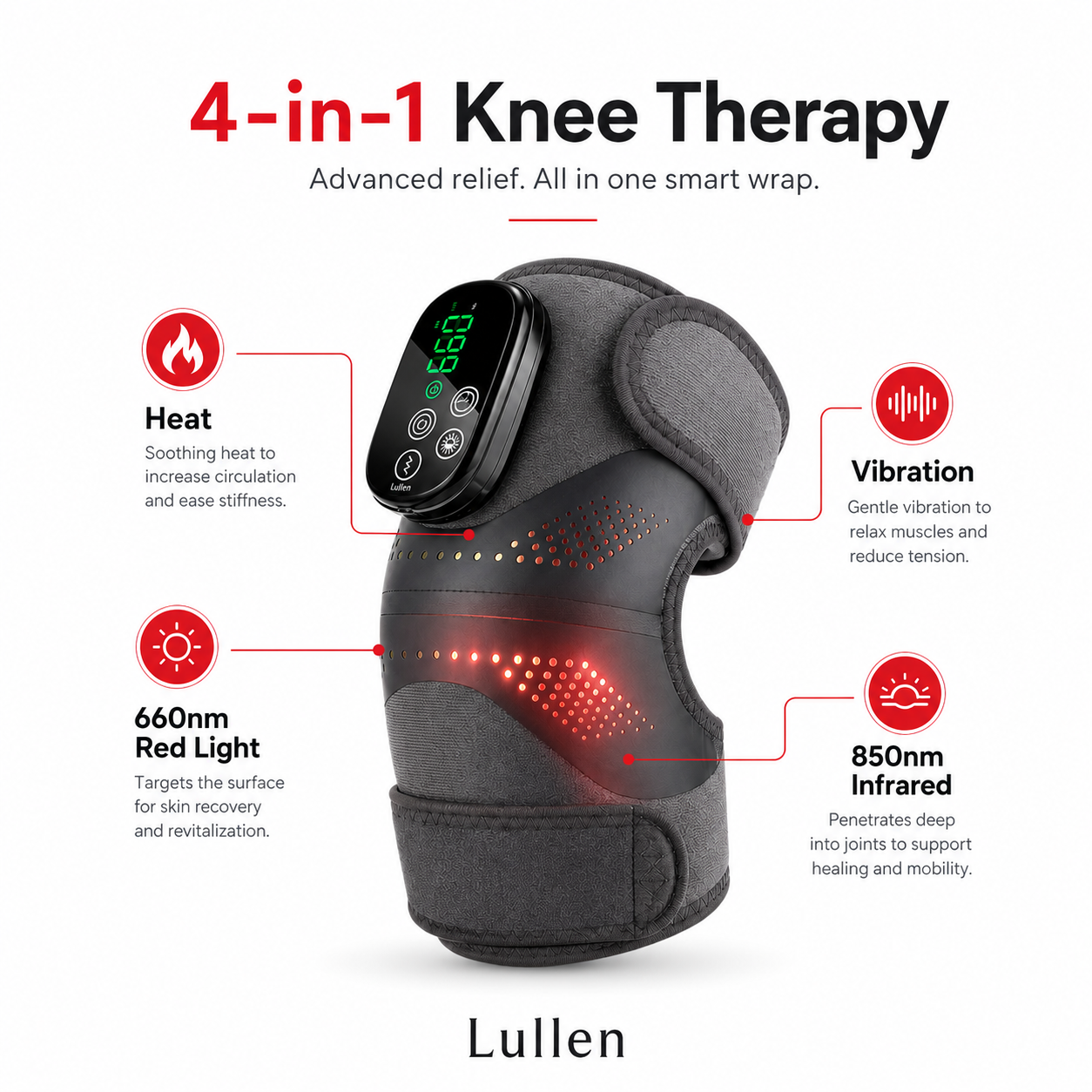 Lullen 4-in-1 Knee Therapy: heat, vibration, 660nm red light, 850nm infrared