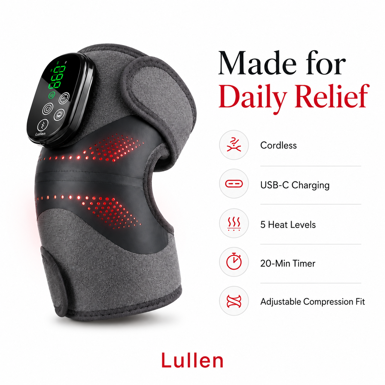 Lullen made for daily relief: cordless, USB-C, 5 heat levels, 20-min timer, adjustable fit